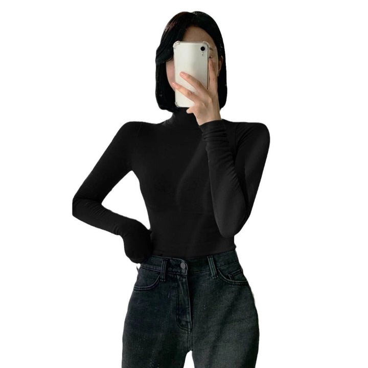 Women Fitted Turtleneck Long Sleeve Made of Ribbed Knit with Thumbhole Mune Fashion