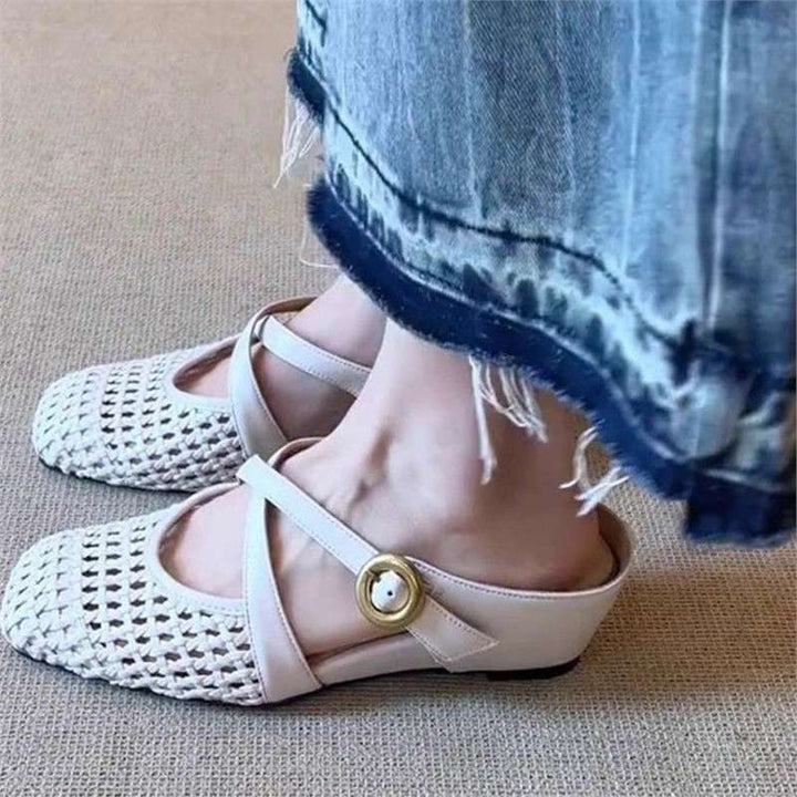 Women's Braided Mule Ballet Flats with T-Strap and Decorative Rose Appliqué Mune Fashion