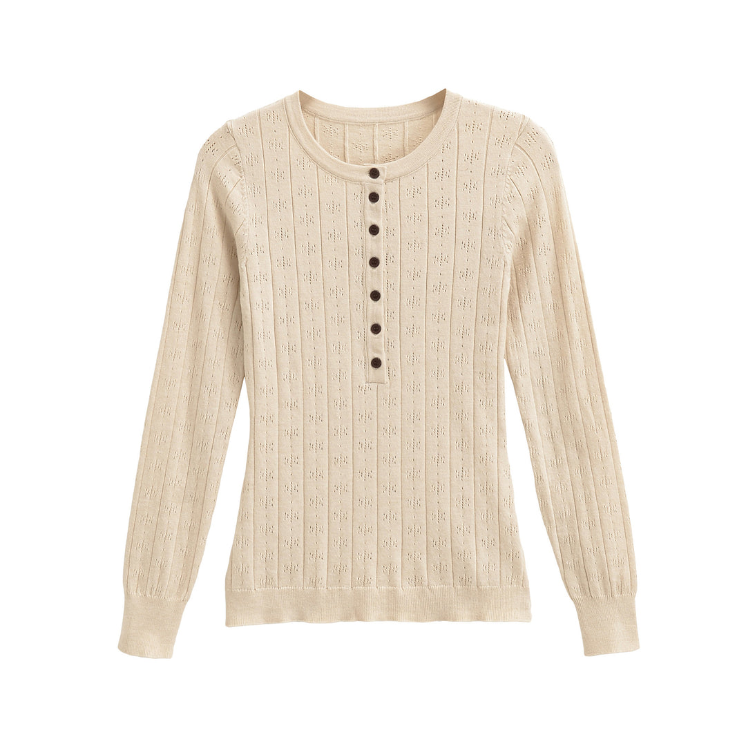 Women's fine knit long sleeve with button placket and textured knit Mune Fashion