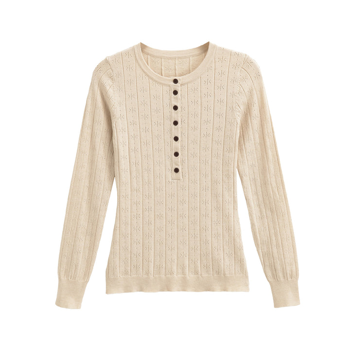 Women's fine knit long sleeve with button placket and textured knit Mune Fashion
