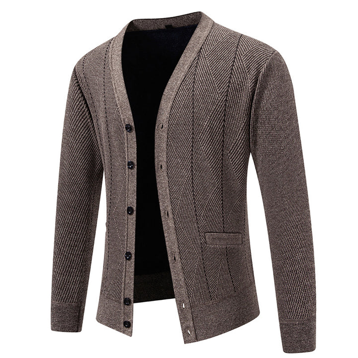 Men's Structured Fine Knit Cardigan with Chevron Pattern, V-Neck and Insert Pockets Mune Fashion