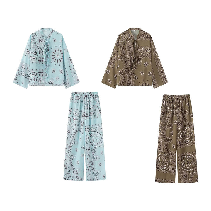 Women's Two-Piece Satin Look Lounge Set with Paisley Print, Kimono Collar Blouse and Wide Culotte Pants Mune Fashion