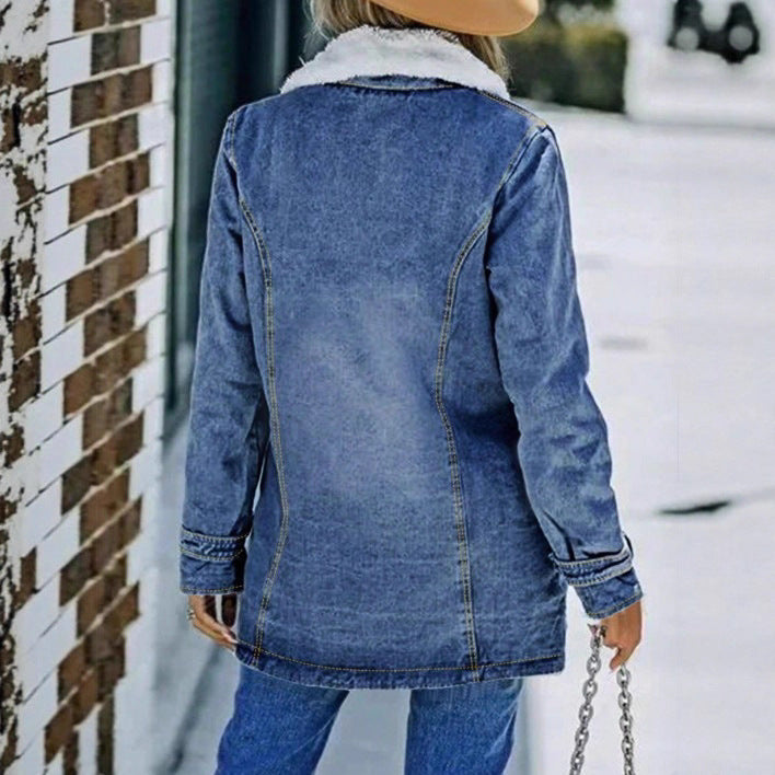 Women's Oversized Denim Jacket with Teddy Lining, Button Placket and Patch Pockets Mune Fashion