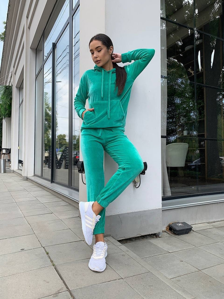 Women's Velvet Loungewear Set with Cropped Hoodie and Drawstring Joggers Mune Fashion