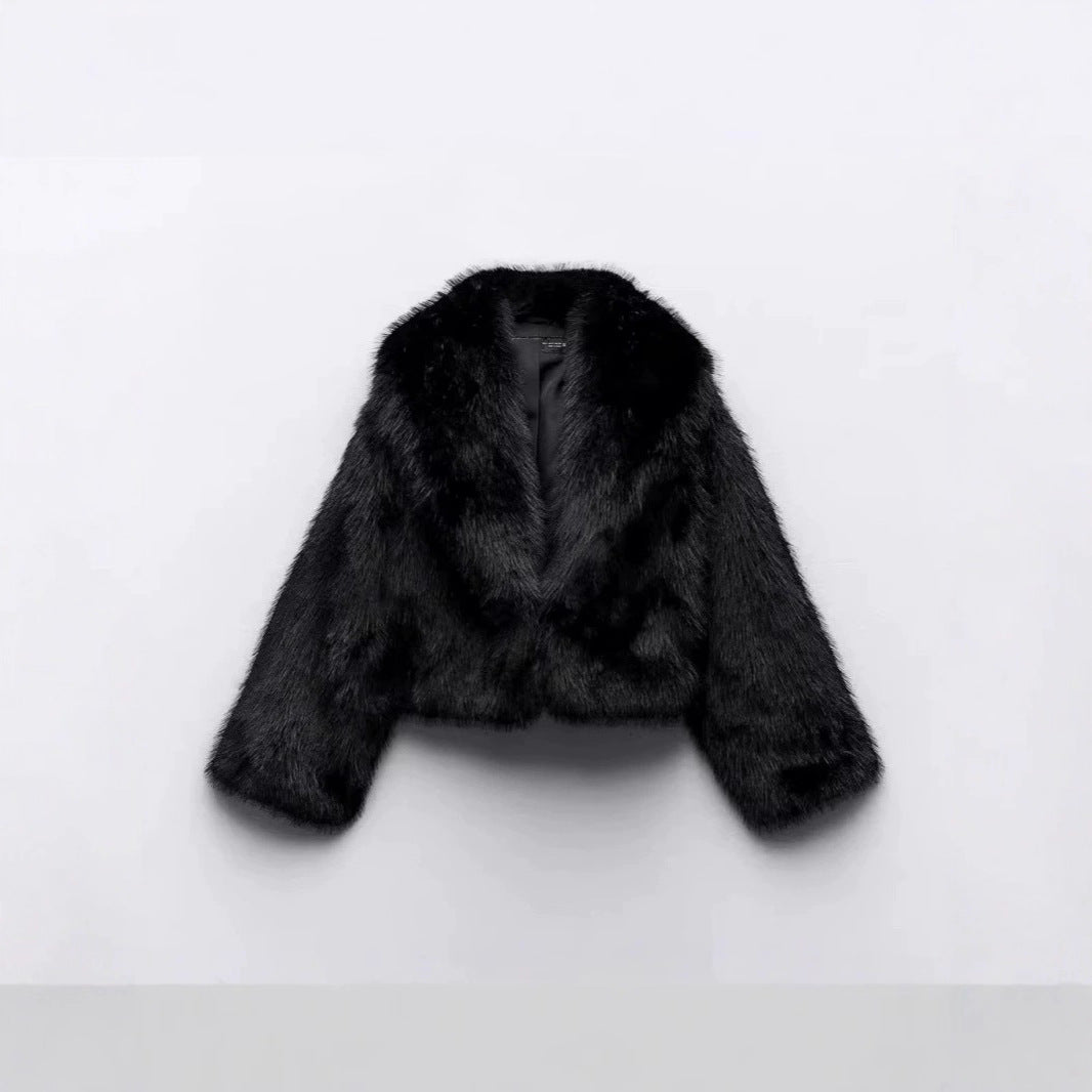 Women Short Cropped Faux Fur Blouson with Voluminous Shawl Collar and Soft Inner Lining Mune Fashion