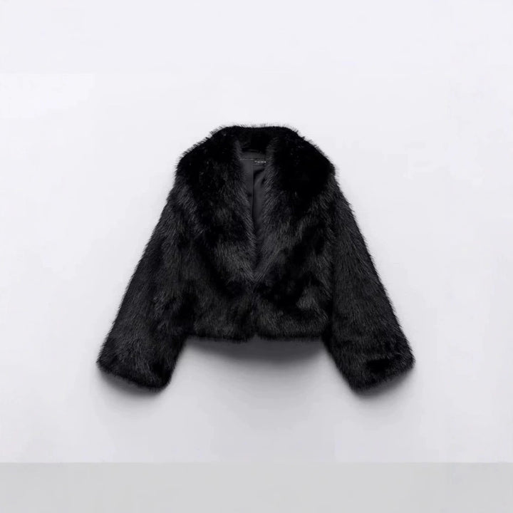 Women Short Cropped Faux Fur Blouson with Voluminous Shawl Collar and Soft Inner Lining Mune Fashion