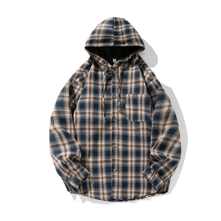 Unisex Hooded Check Shirt in Workwear Style with Curved Hem Mune Fashion
