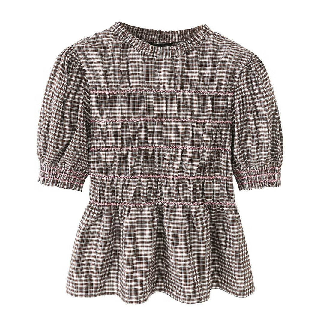 Women's Checked Smock Tunic Top with Ruffle Waist and Puff Sleeves Mune Fashion