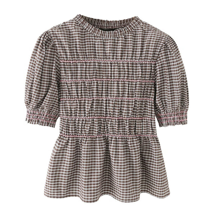 Women's Checked Smock Tunic Top with Ruffle Waist and Puff Sleeves Mune Fashion