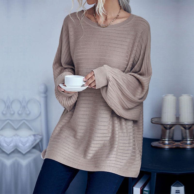 Women's Oversized Fine Knit Sweater with Horizontal Rib Detail and Round Neck Mune Fashion
