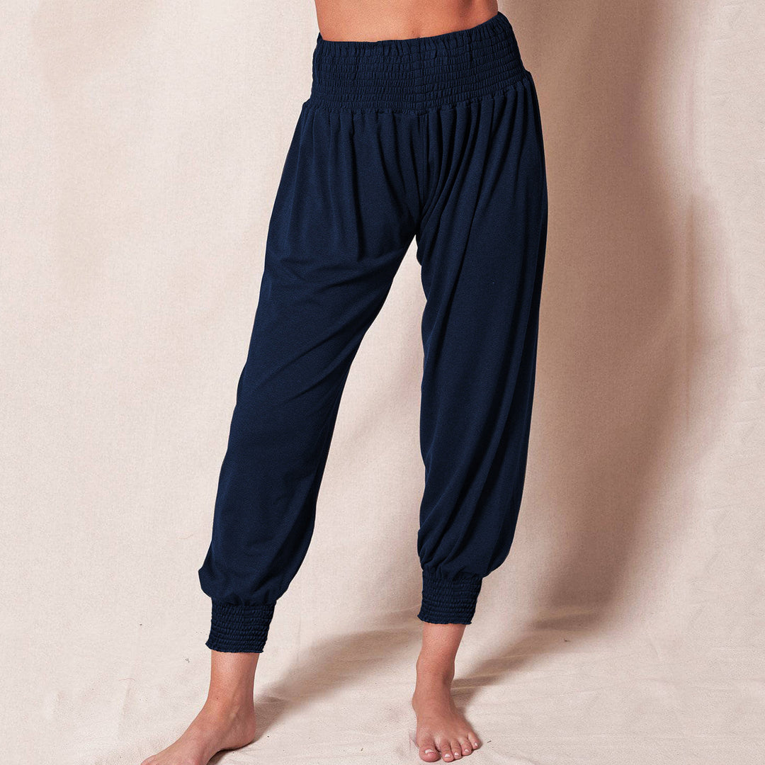 Women's Loose Harem Pants with High Smocked Waistband and Crumpled Ankle Cuffs Mune Fashion
