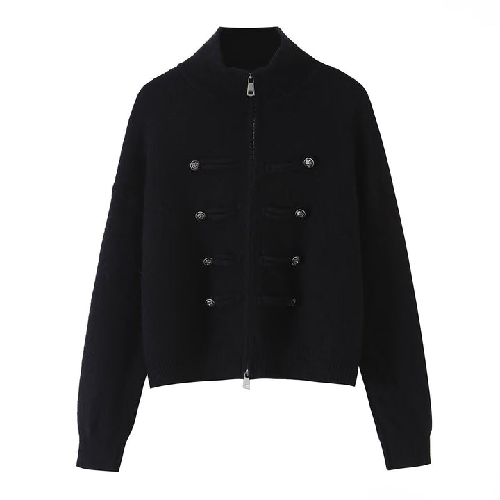 Ladies cardigan with stand-up collar, zipper and decorative knot trims Mune Fashion