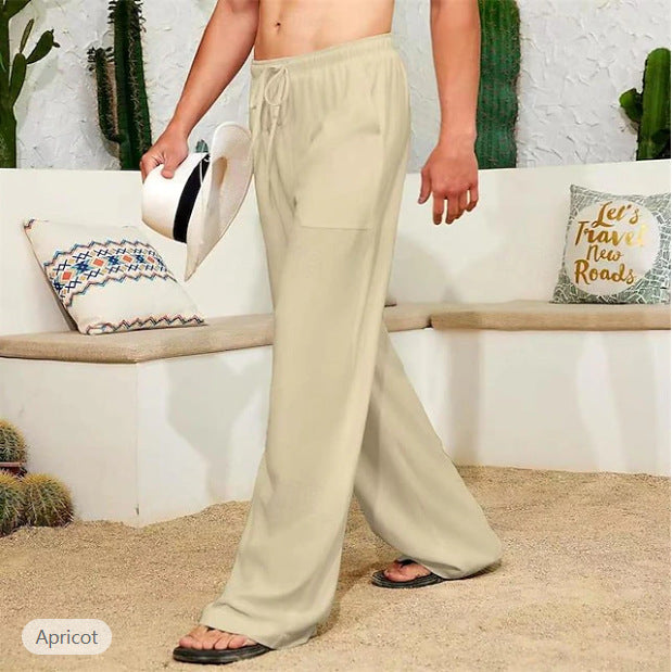 Men's wide linen pants with drawstring, applied side pockets and relaxed fit Mune Fashion