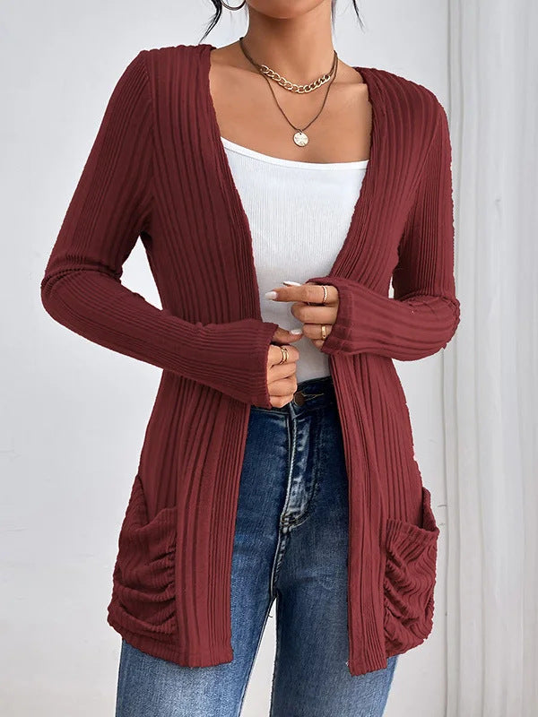 Women Ribbed Long Cardigan with Open Front, Pockets and Relaxed Fit Drune