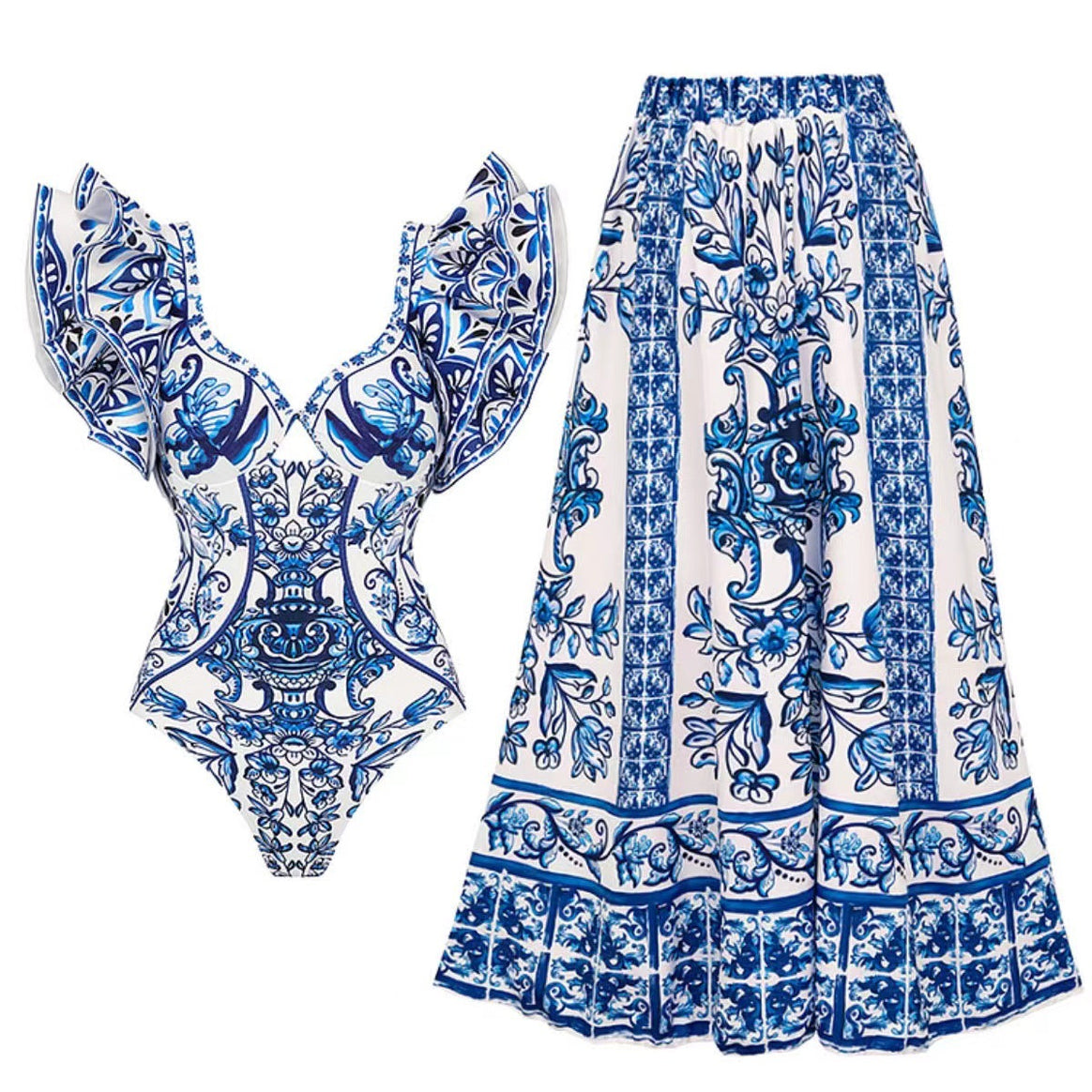 Women’s swimsuit set with voluminous ruffle details and elegant wrap skirt Mune Fashion
