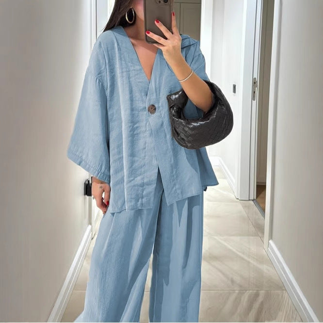 Women nan loose linen look two-piece with kimono blazer and wide palazzo pants Mune Fashion