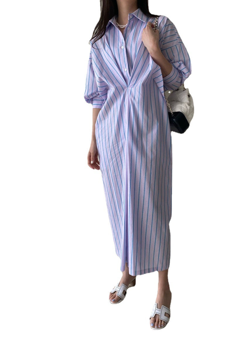 Women Striped Shirt Dress Maxi with Concealed Button Placket and Side Pockets Mune Fashion