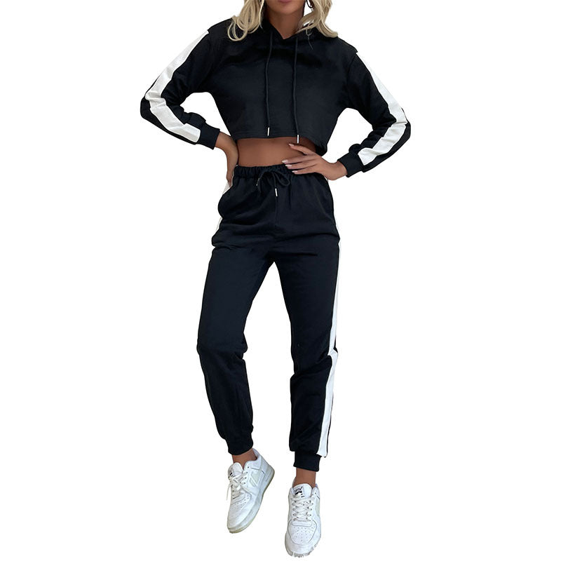 Women's Cropped Hoodie and High-Waist Jogging Pants Set with Sporty Side Stripes Mune Fashion