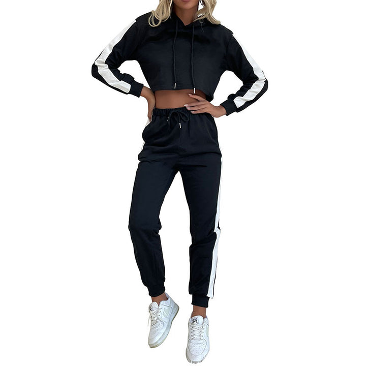 Women's Cropped Hoodie and High-Waist Jogging Pants Set with Sporty Side Stripes Mune Fashion