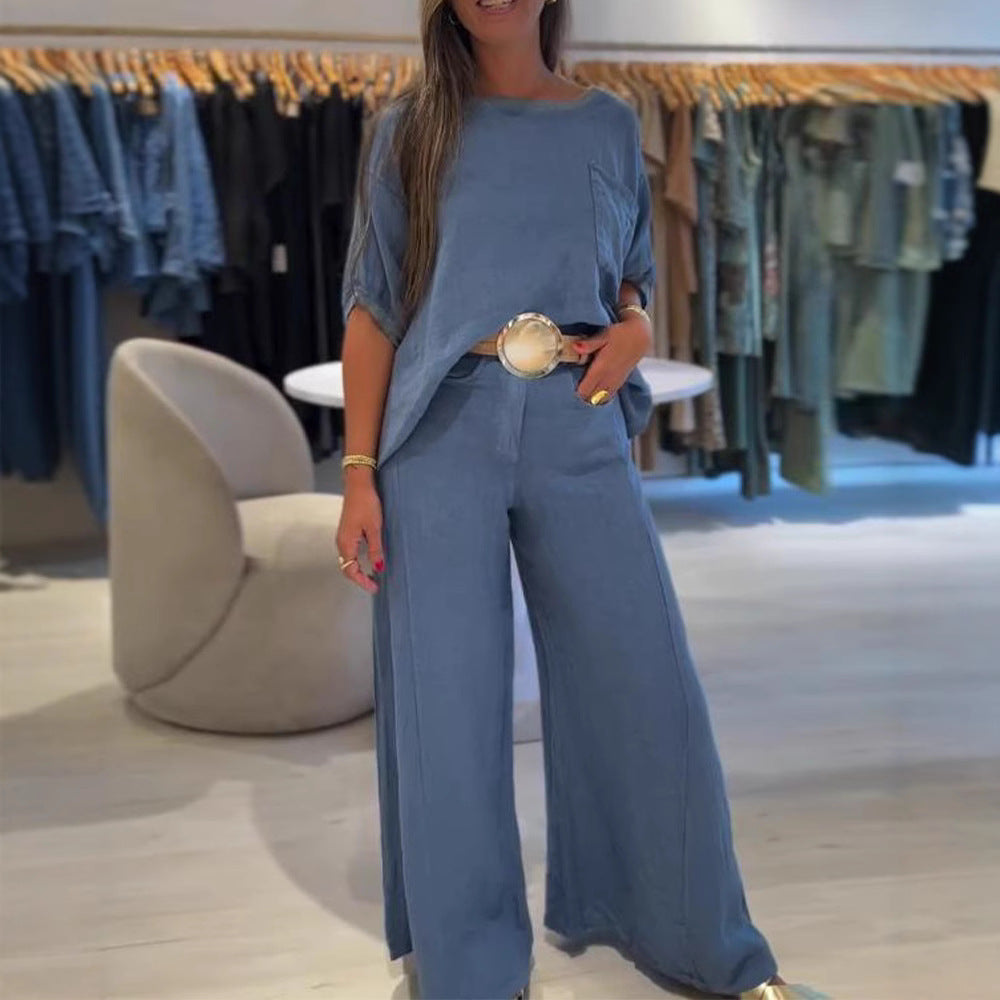 Women's casual linen blend two-piece set with boxy oversized top, patch pocket, and wide palazzo pants Mune Fashion