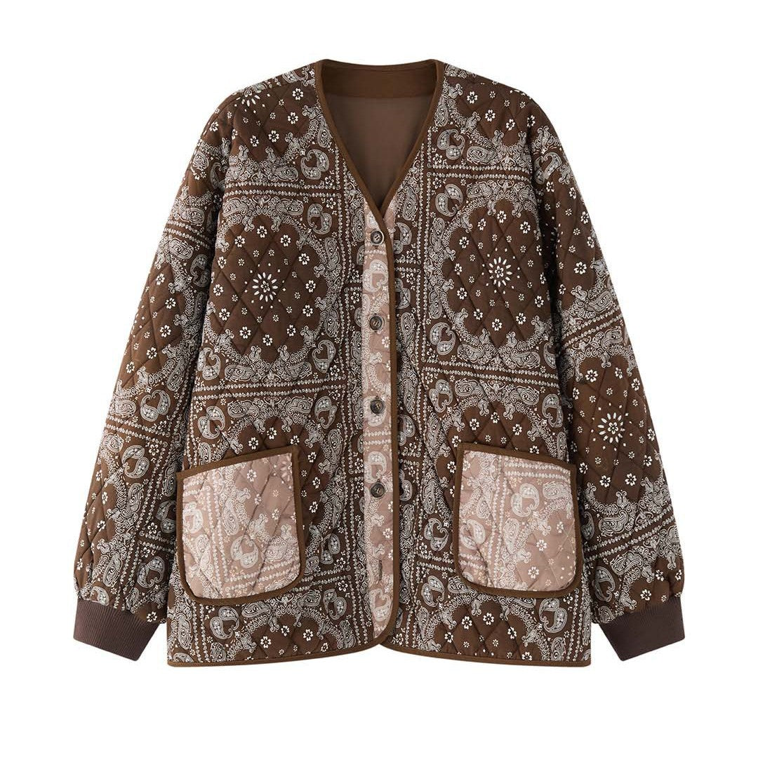 Women's quilted jacket with bandana print, oversized silhouette and patch pockets Mune Fashion