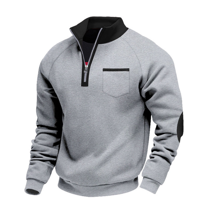 Men's Raglan Half-Zip Sweatshirt with Stand-Up Collar, Chest Pocket & Elbow Application Mune Fashion
