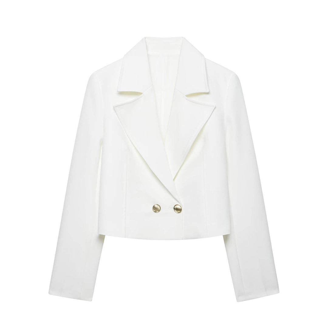 Women's elegant tailored cropped blazer with double-row decorative button placket and structured lapels Mune Fashion