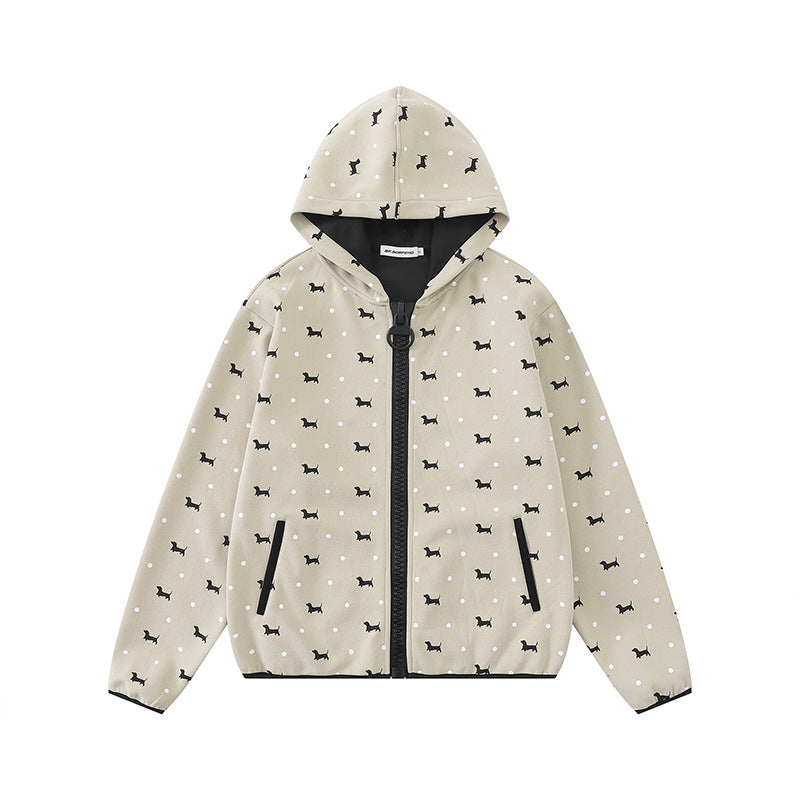 Women Lightweight Hooded Zip Jacket with Dog Silhouette and Polka Dot Allover Mune Fashion
