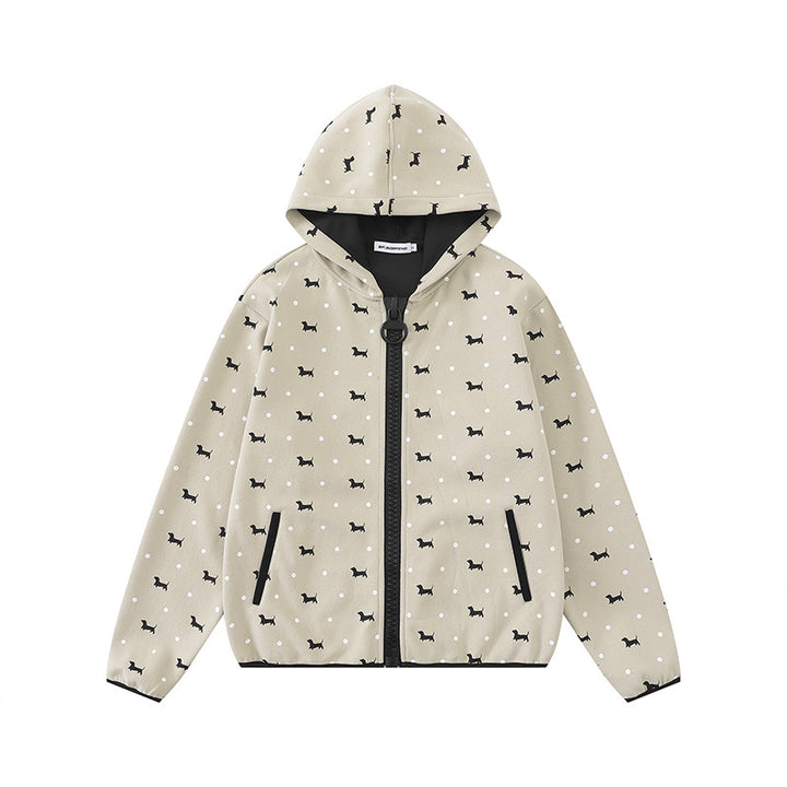 Women Lightweight Hooded Zip Jacket with Dog Silhouette and Polka Dot Allover Mune Fashion
