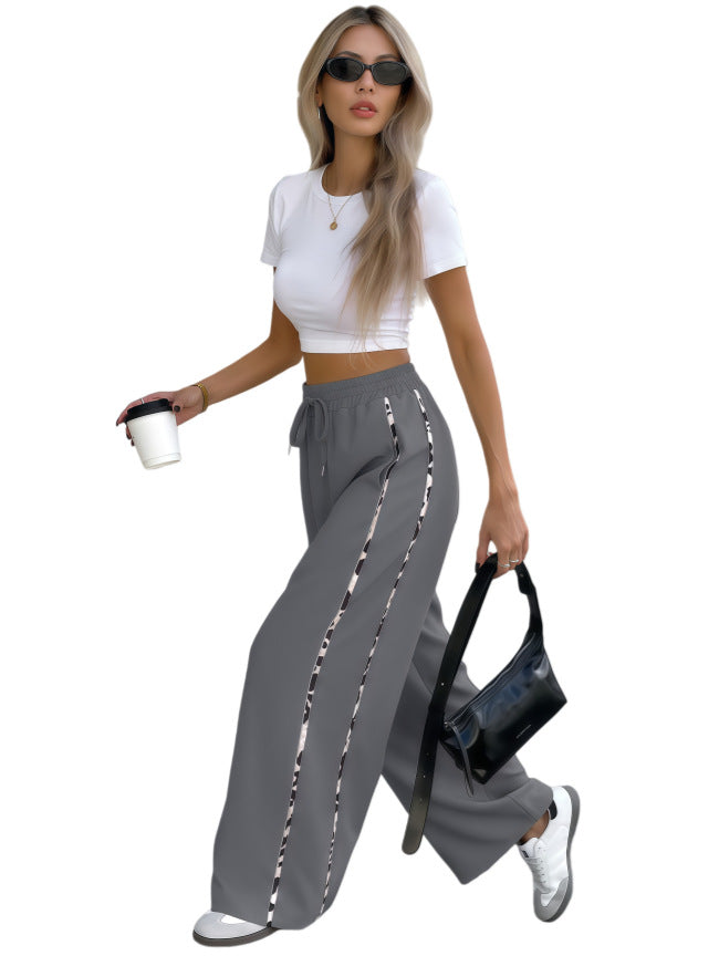 Women's Wide High-Waist Lounge Pants with Drawstring and Contrasting Side Stripes Mune Fashion