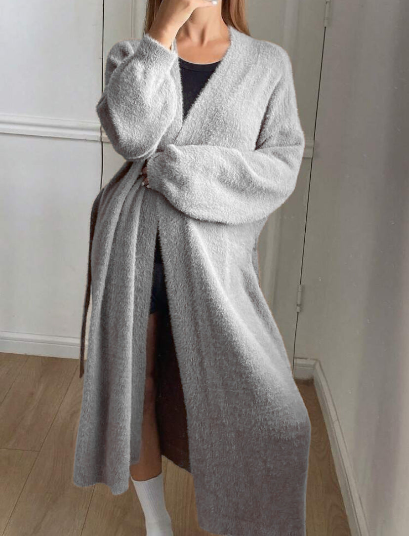 Women's Long Wrap Cardigan in Fuzzy Look with Tie Belt Mune Fashion