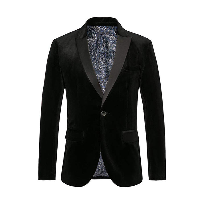 Men's tailored velvet tuxedo jacket with satin lapels and single-button closure Mune Fashion