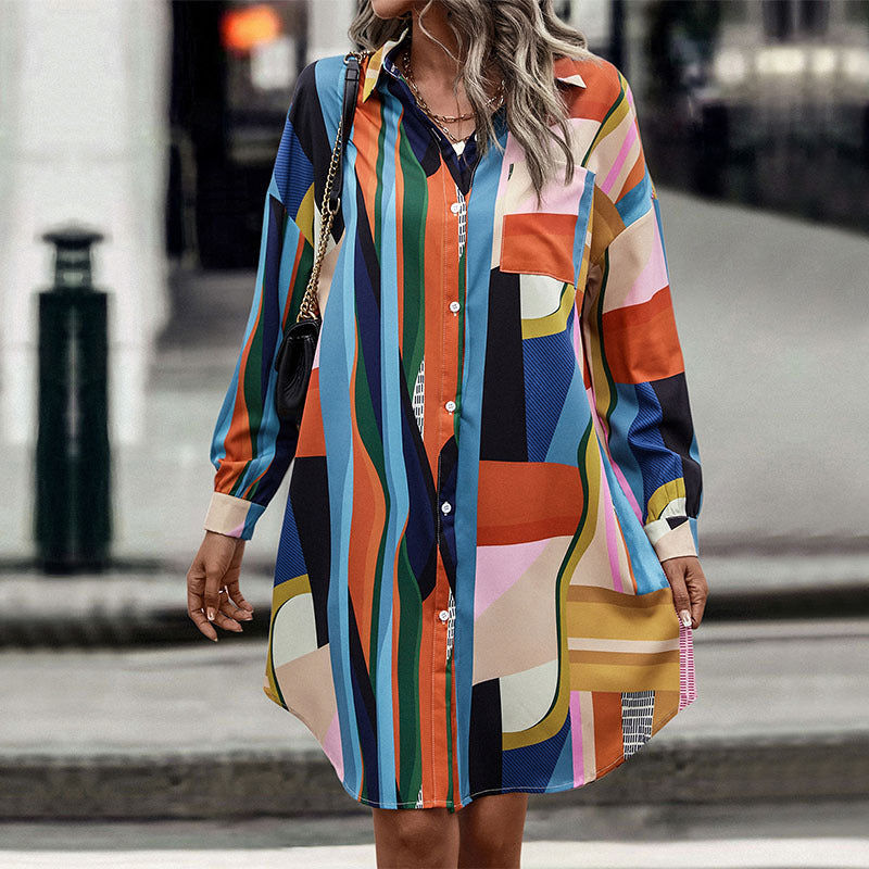 Women's shirt dress with graphic block stripes, fitted belt & continuous button placket Mune Fashion