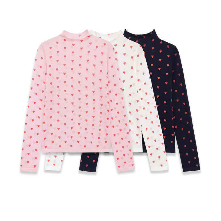 Women Long Sleeve Fine Knit Shirt with Stand-up Collar and Allover Heart Jacquard Mune Fashion