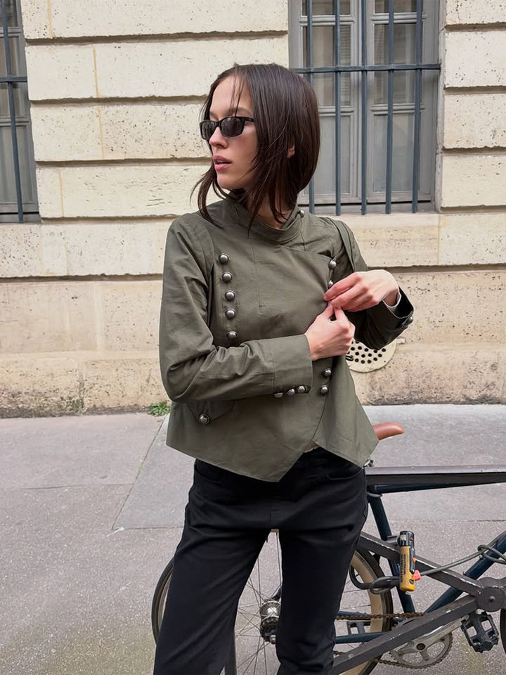 Women's Military-Inspired Short Jacket with Stand-Up Collar and Decorative Button Placket Mune Fashion