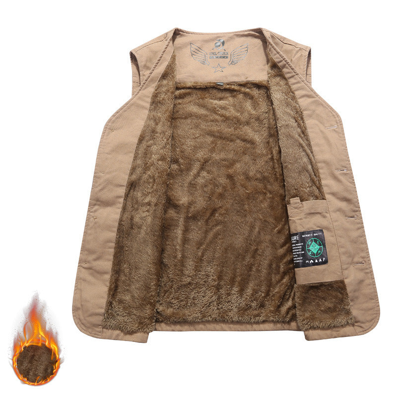Men's Sleeveless Canvas Teddy Vest with Warming Fleece Lining and Patch Pockets Mune Fashion