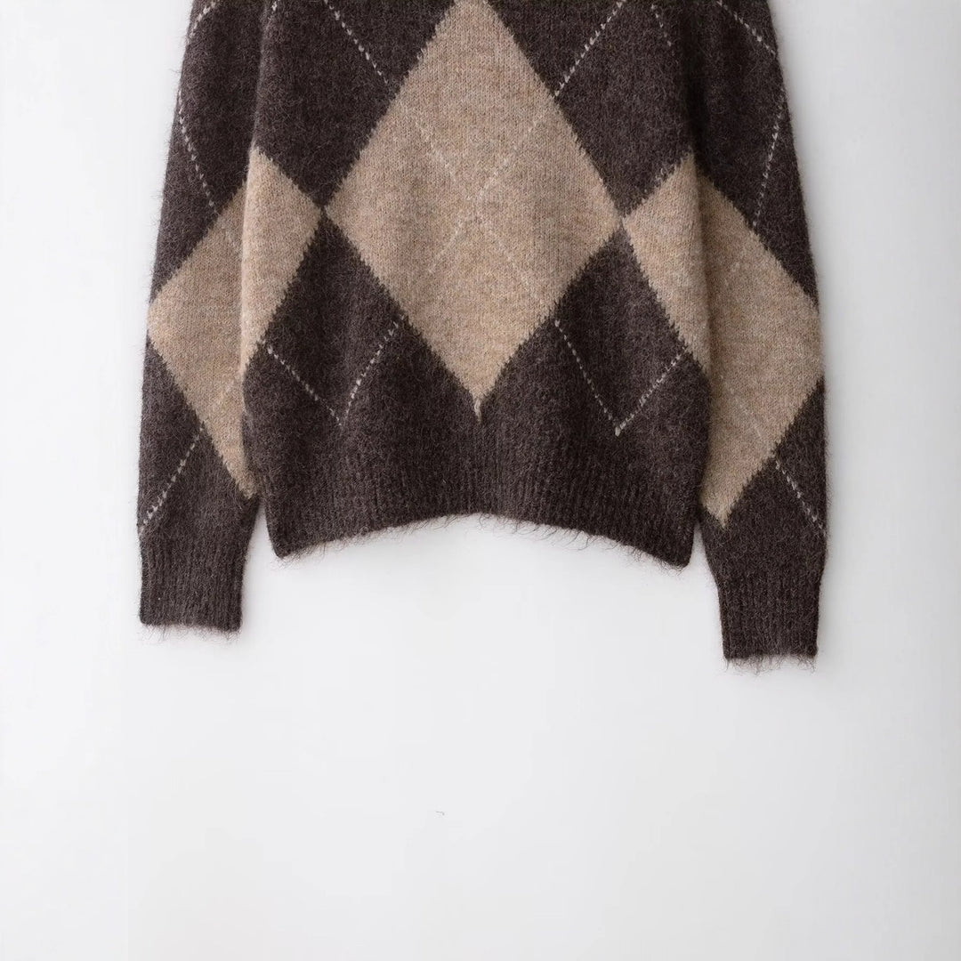 Women 40+ soft mohair blend sweater with wide turtleneck and argyle pattern Mune Fashion