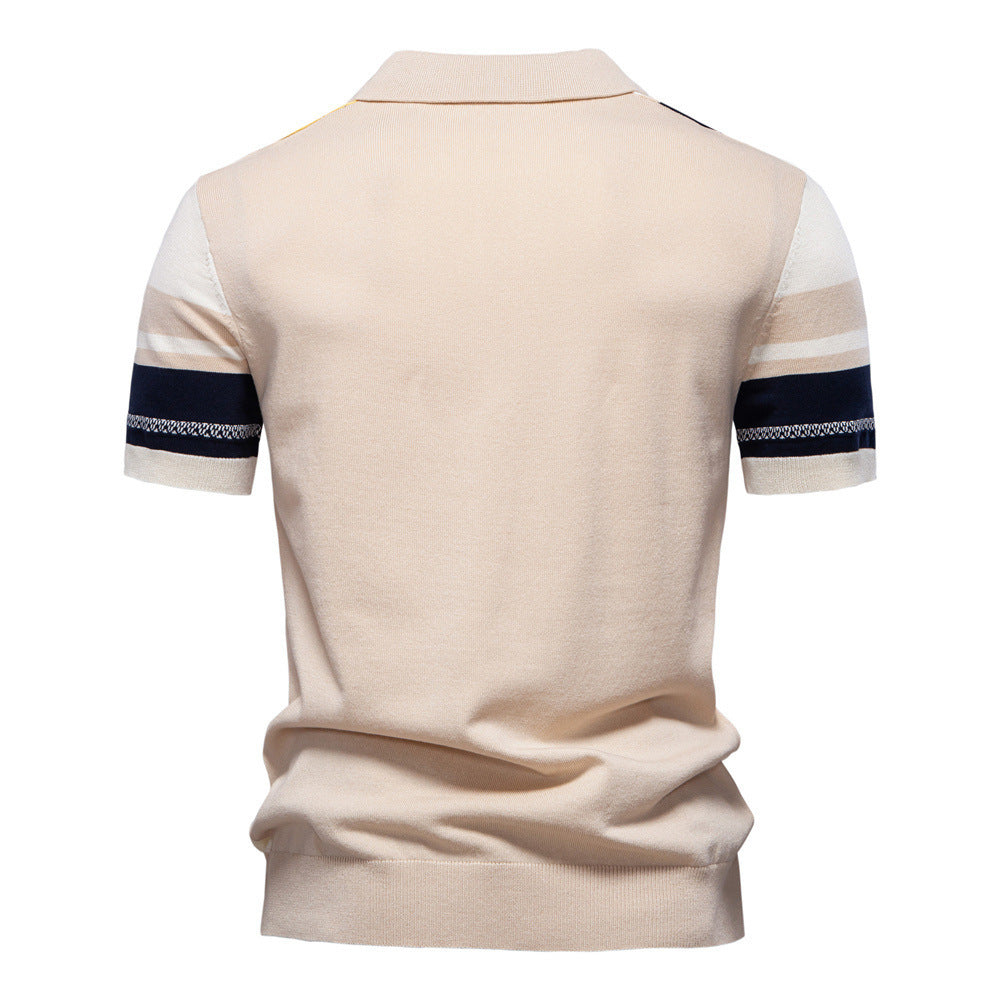 Men's retro-inspired knit polo with vertical intarsia structure and open kent collar Mune Fashion