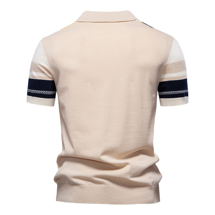 Men's retro-inspired knit polo with vertical intarsia structure and open kent collar Mune Fashion