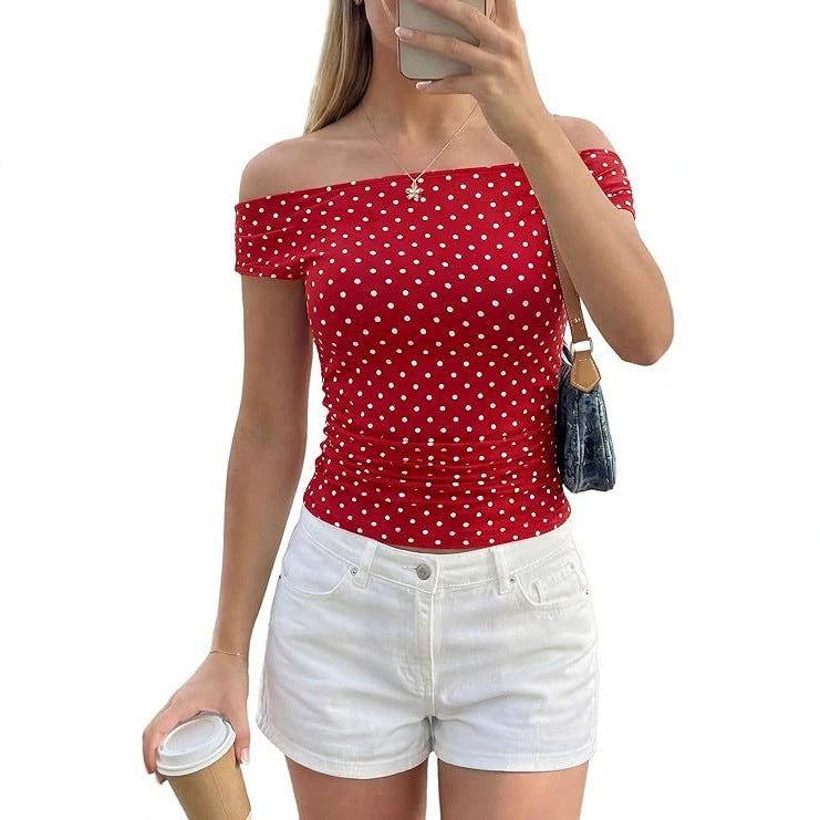 Women's Off-Shoulder Fitted Polka Dot Top with Gathered Side Seam Mune Fashion