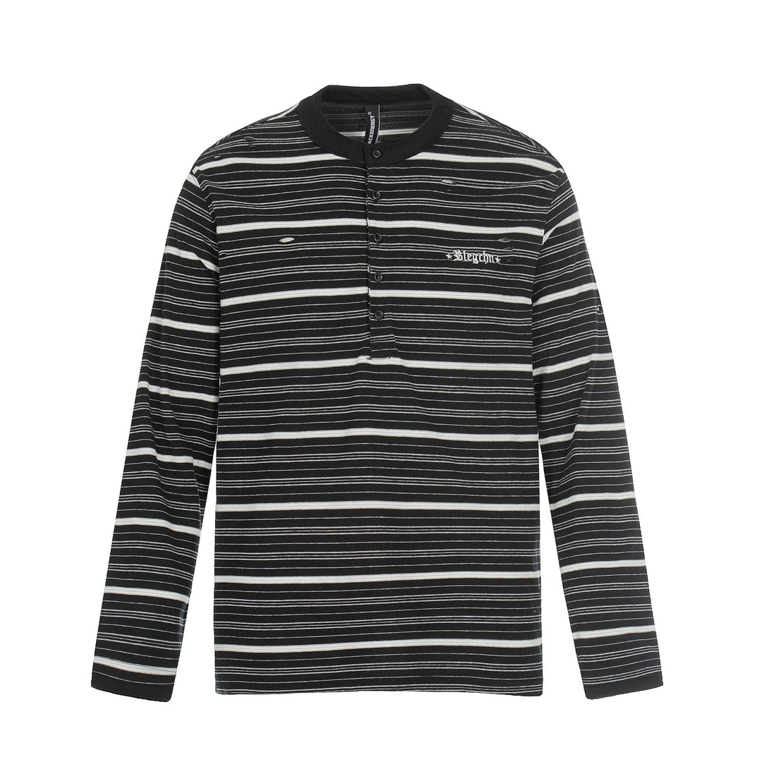 Men's Long Sleeve Henley Shirt with Striped Pattern and Distressed Details Mune Fashion