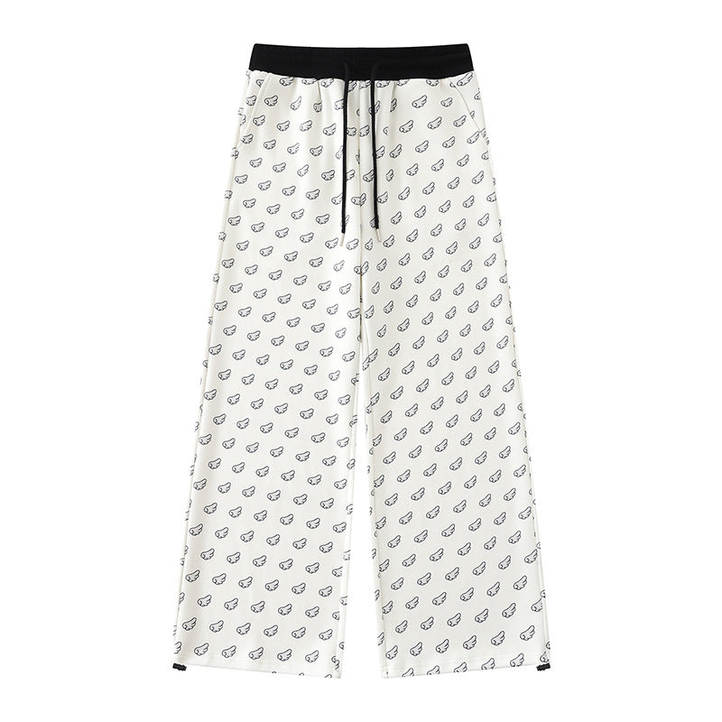 Women's Wide Palazzo Lounge Pants with Elastic Comfort Waistband, Drawstring and Allover Mini Icon Print Mune Fashion