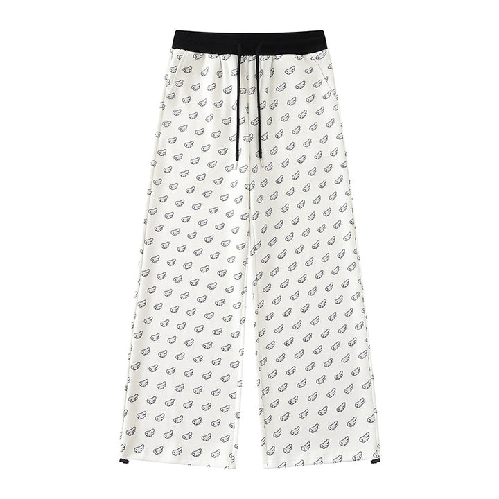 Women's Wide Palazzo Lounge Pants with Elastic Comfort Waistband, Drawstring and Allover Mini Icon Print Mune Fashion