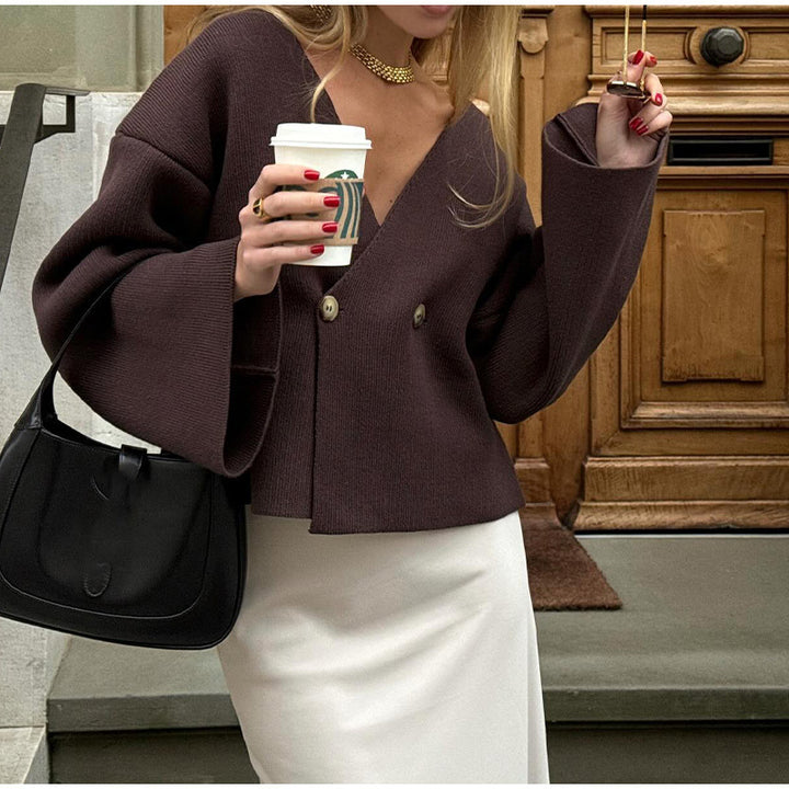 Women's cardigan wrap look with deep V-neck and bell sleeves Mune Fashion