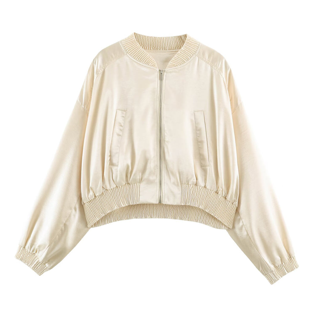 Ladies Silky Cropped Bomber with Gathered Hem, Raglan Sleeves and Insert Pockets Mune Fashion