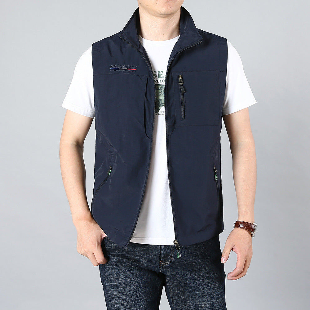 Men's Lightweight Utility Vest with Zipper Pockets and Stand Collar Mune Fashion