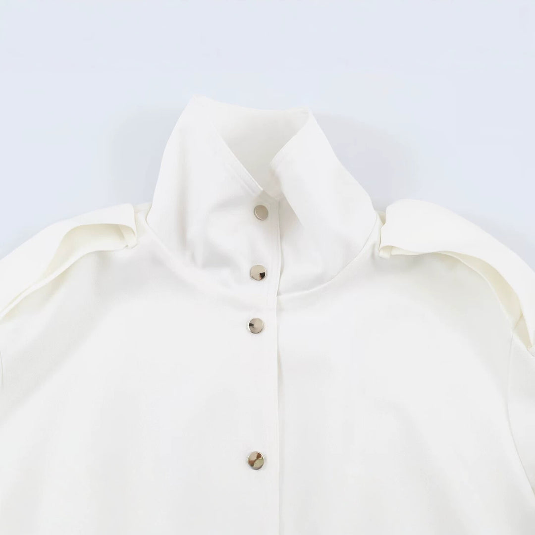 Women Oversize Blouson Jacket with High Stand Collar, Shoulder Patches and Elastic Hem Mune Fashion