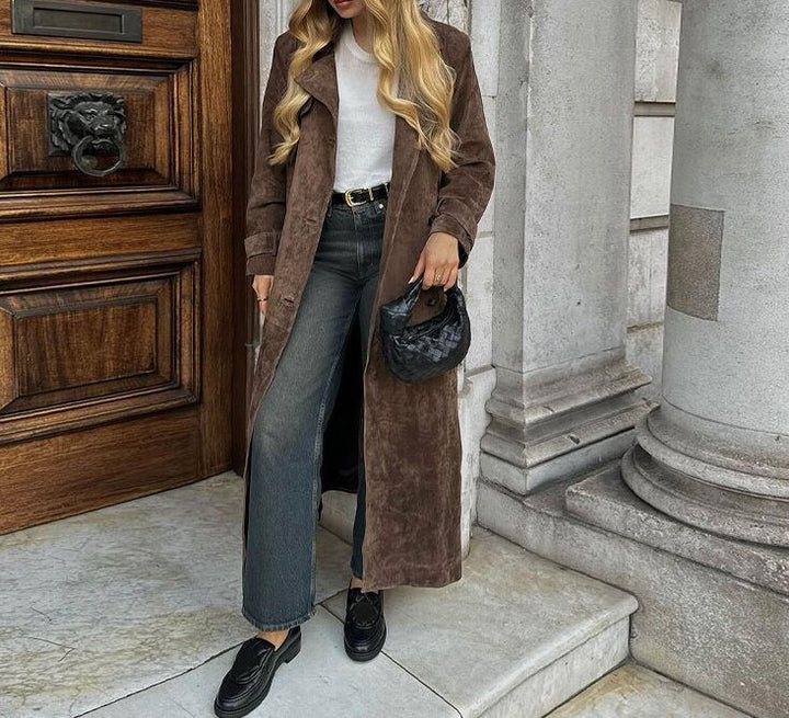 Women's Long Suede Jacket in a Minimalist Trench Look with Soft Lapels Mune Fashion