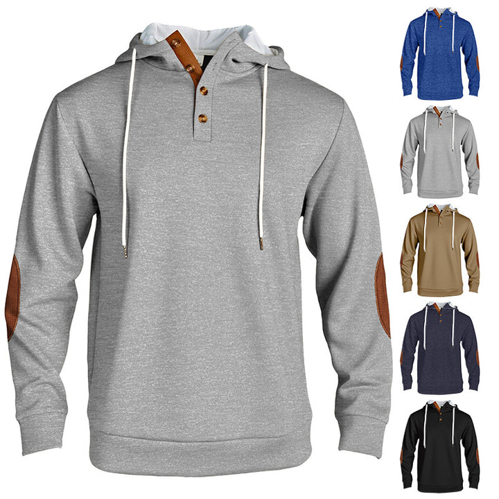 Men's hooded sweatshirt in a puristic leisure style with Henley button placket, contrasted hood interior, and elbow patches Mune Fashion