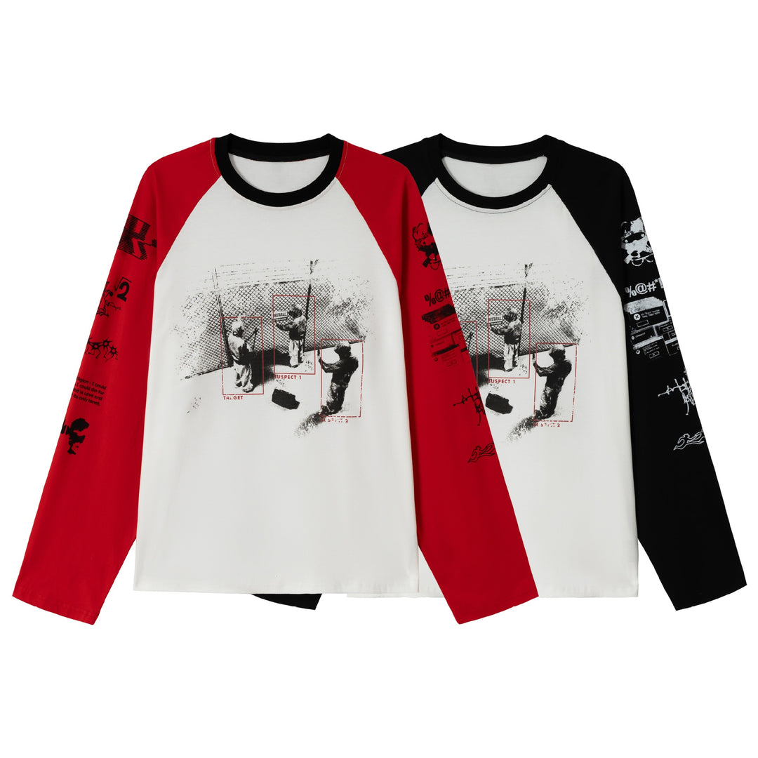 Unisex Long Sleeve Raglan Shirt with Graphic Print and Contrasting Crew Neck Mune Fashion